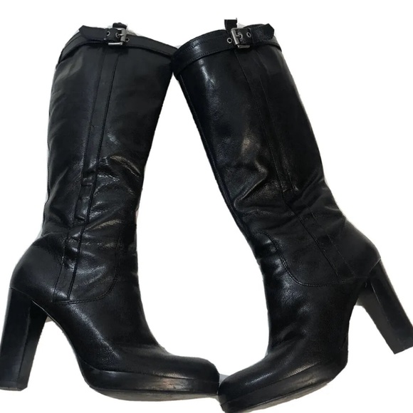 Women’s Nine West Black Leather Tall Platform Boots Size 9M - Picture 1 of 12